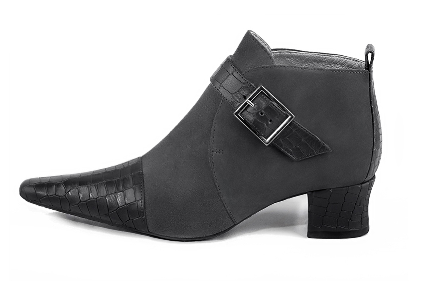 Dark grey women's ankle boots with buckles at the front. Tapered toe. Low kitten heels. Profile view - Florence KOOIJMAN